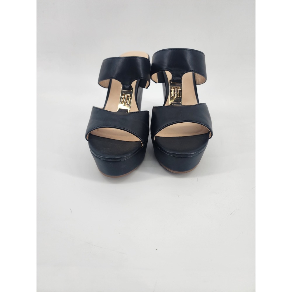 Tommy Hilfiger Womens Black Leather Wedge Platform Sandals Gold Logo Size 9M - Picture 4 of 8